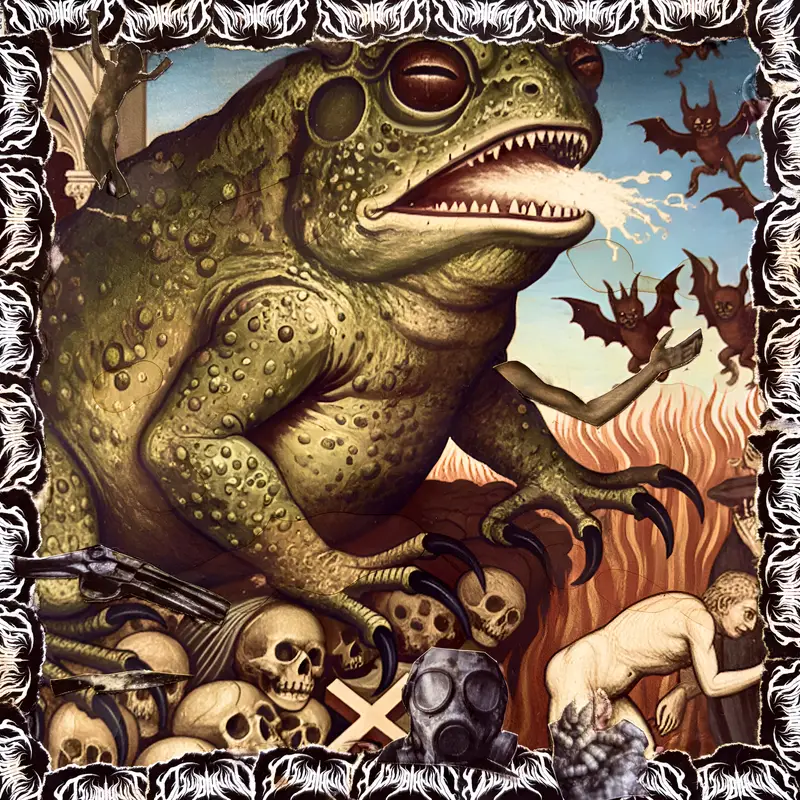 From Flesh To Void cover: a giant toad on a pile of skulls, demons and flames in the style of a medieval painting