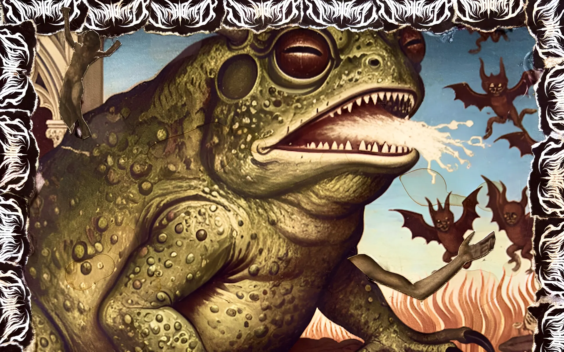 From Flesh To Void cover: a giant toad on a pile of skulls, demons and flames in the style of a medieval painting